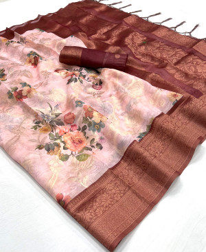 Maroon color soft linen silk saree with digital printed work