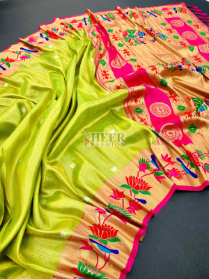 Parrot green color soft tissue paithani silk saree with zari weaving work