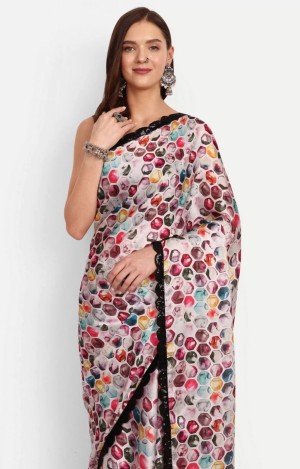 Multi color soft satin silk saree with digital printed work