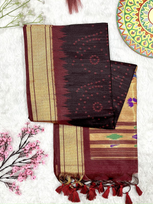 Brown color tussar silk saree with bandhani weaving work