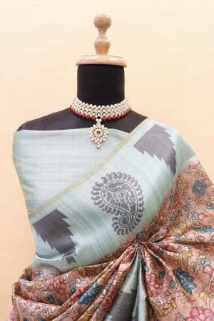 Peach cotton silk saree with digital printed work