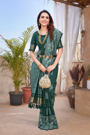 Green color viscose silk saree with zari weaving work