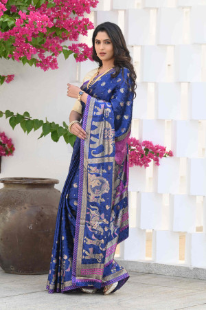 Blue color soft jacquard silk saree with foil printed work