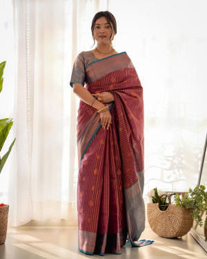 Magenta color kanjivaram silk saree with zari weaving work