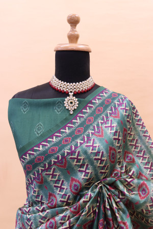 Rama green color soft cotton silk saree with digital printed work