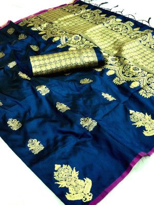 Navy blue color soft lichi silk saree with zari weaving work