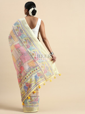 Yellow color linen cotton saree with printed work