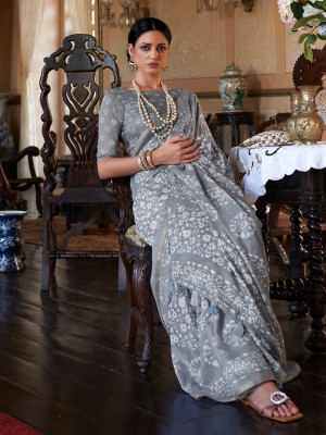 Gray color soft mulmul cotton saree with batik printed work