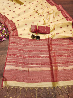 Off white color soft raw silk saree with weaving work