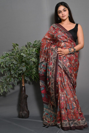 Brown color soft silk saree with digital printed work