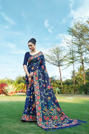 Navy blue color soft jamdani cotton saree with woven design