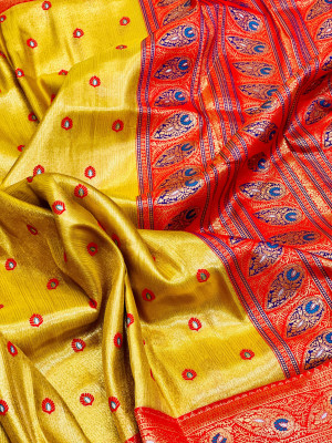 Yellow color soft tissue paithani silk saree with zari weaving work