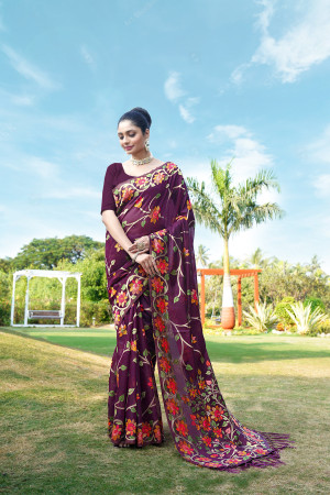 Wine color soft jamdani cotton saree with woven design