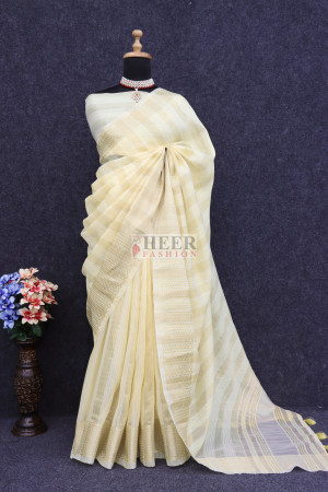 Yellow color tussar silk saree with zari weaving work