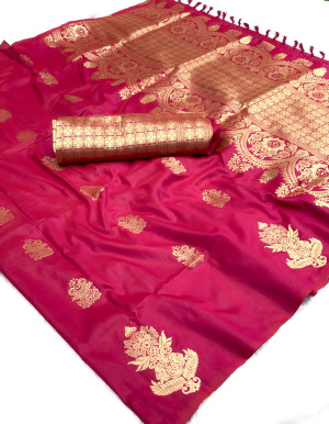 Pink color soft lichi silk saree with zari weaving work