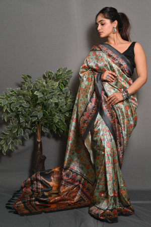 Sea green color soft silk saree with digital printed work