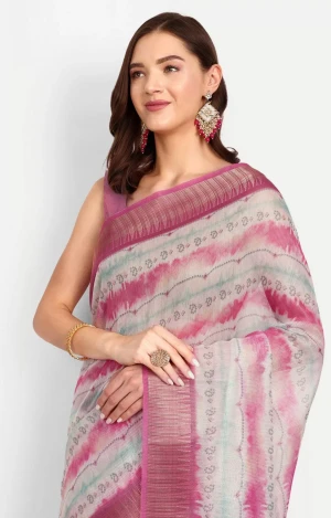Pink color linen cotton saree with digital printed work
