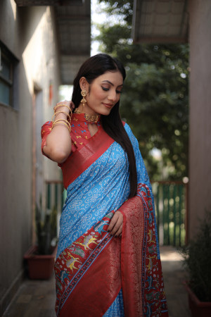 Sky blue color dola silk saree with digital printed work