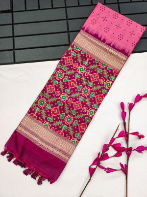 Pink color tussar silk saree with weaving work