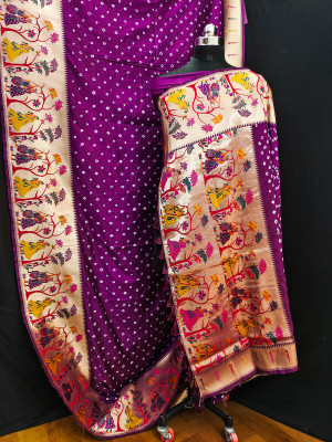 Wine color bandhej silk saree with zari weaving work