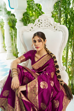 Wine  color soft silk saree with zari weaving work