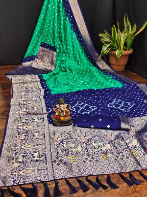 Sea green and blue color bandhej silk saree with meenakari weaving work