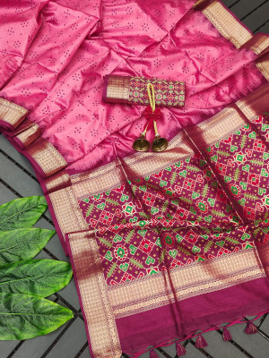 Pink color tussar silk saree with patola weaving design