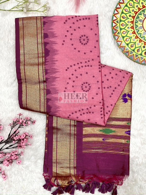 Pink color tussar silk saree with bandhani weaving work