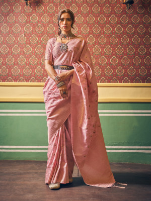 Baby pink color katan silk saree with zari weaving work