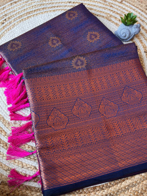 Navy blue color soft kanjivaram silk saree with zari weaving work