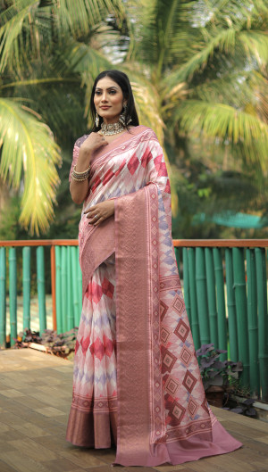 Peach color dola silk saree with digital printed work