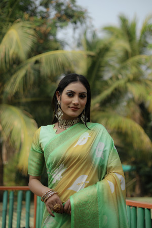 Parrot green color soft dola silk saree with digital printed work