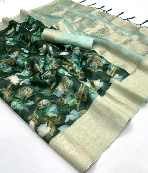 Green color soft linen silk saree with digital printed work