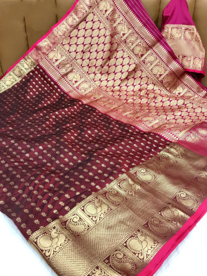 Maroon color banarasi silk saree with zari weaving work