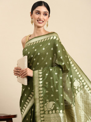Mahendi green color banarasi cotton silk saree with floral woven motifs