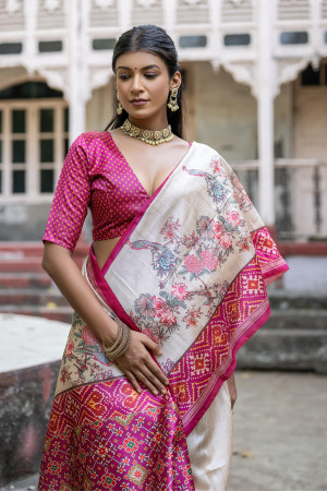 Pink color soft tussar silk saree with patola printed work