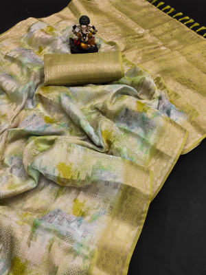 Mahendi green color linen silk saree with zari weaving work