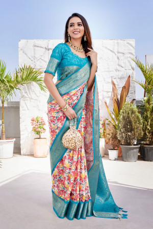 Firoji color dola silk saree with digital printed work