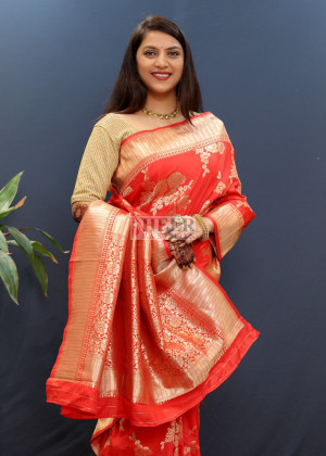 Red color banarasi silk saree with zari weaving work