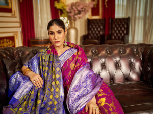 Rani pink color soft cotton saree woven design