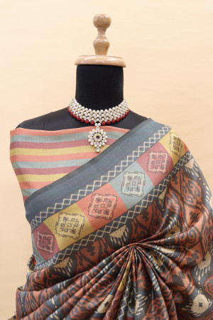 Orange color cotton silk saree with digital printed work