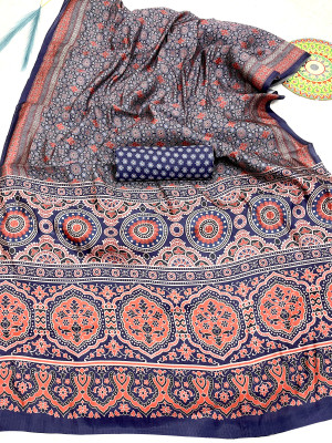 Navy blue color soft silk saree with ajrakh & digital printed work
