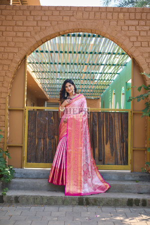 Pink color kanchipuram silk saree with zari weaving work