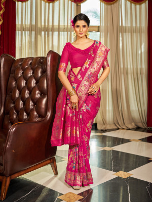 Pink color soft silk saree with zari weaving work