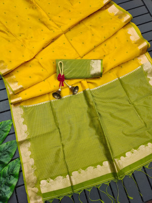 Yellow color khadi raw silk saree with floral weaving border