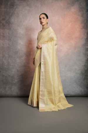 Light yellow color mulberry silk saree with zari weaving work