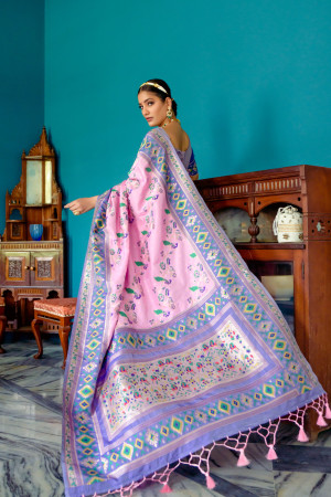 Baby pink color soft paithani patola silk saree with zari weaving work