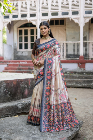 Black color soft tussar silk saree with patola printed work