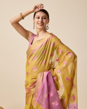 Yellow color cotton silk saree with weaving work