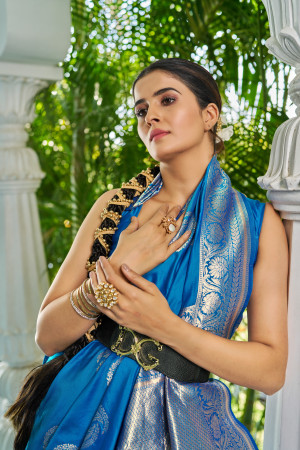 Firoji color soft silk saree with zari weaving work